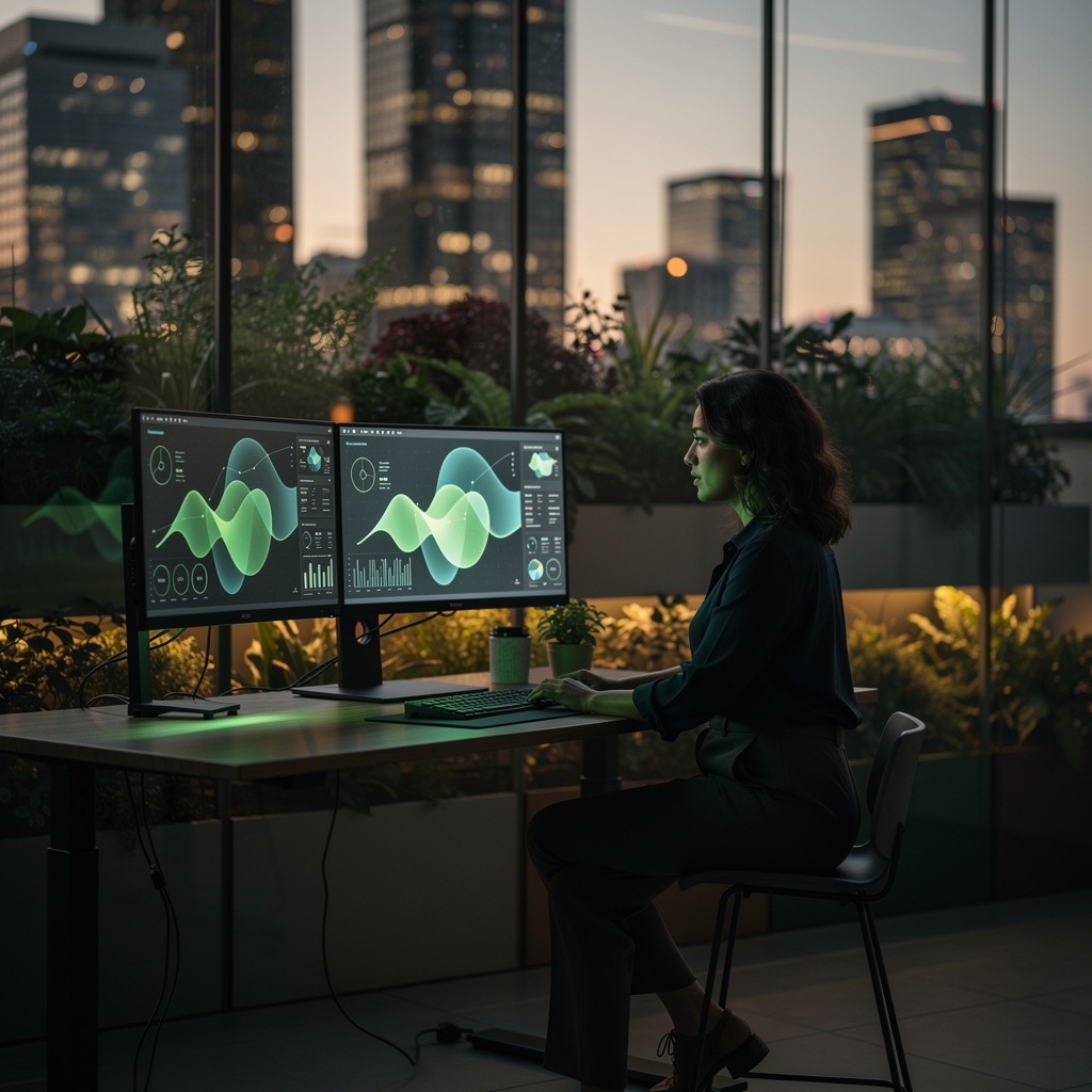 Entorno digital sostenible con vegetación y tecnología